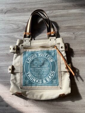 Louis Vuitton Beige Canvas Tote with Teal Logo Panel and Brown Striped Handles